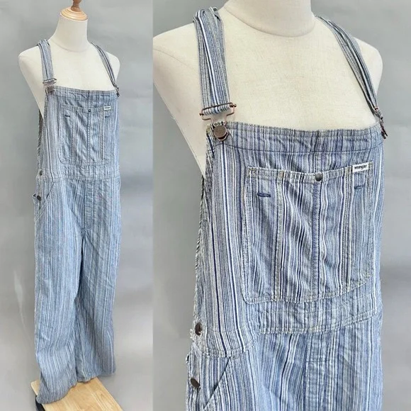 Wrangler Striped Straight Leg Overalls Blue White Classic Workwear Style Medium - Picture 5 of 16